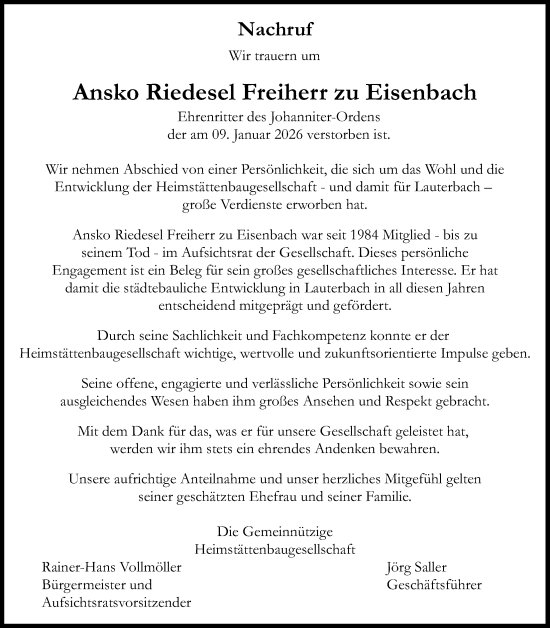 Traueranzeige von Ansko Riedesel Freiherr zu Eisenbach von Lauterbacher Anzeiger