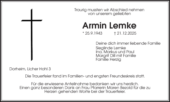 Traueranzeige von Armin Lemke von Wetterauer Zeitung