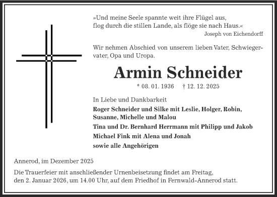 Traueranzeige von Armin Schneider von Giessener Allgemeine, Alsfelder Allgemeine, Giessener Anzeiger, Giessener Allgemeine, Alsfelder Allgemeine, Giessener Anzeiger
