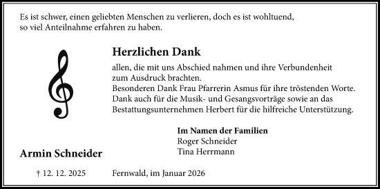 Traueranzeige von Armin Schneider von Giessener Anzeiger, Giessener Allgemeine, Alsfelder Allgemeine