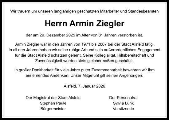Traueranzeige von Armin Ziegler von Oberhessische Zeitung, Alsfelder Allgemeine