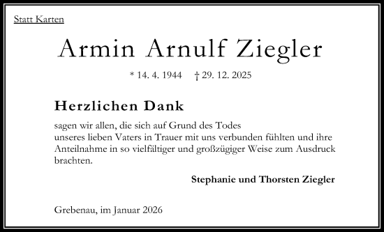 Traueranzeige von Armin Arnulf Ziegler von Oberhessische Zeitung
