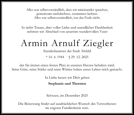 Traueranzeige von Armin Arnulf Ziegler von Oberhessische Zeitung, 