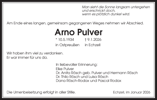 Traueranzeige von Arno Pulver von Wetterauer Zeitung