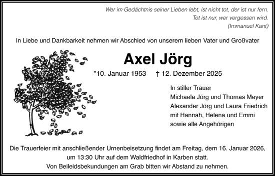 Traueranzeige von Axel Jörg von Wetterauer Zeitung, Bad Vilbel/Karben, Wetterauer Zeitung
