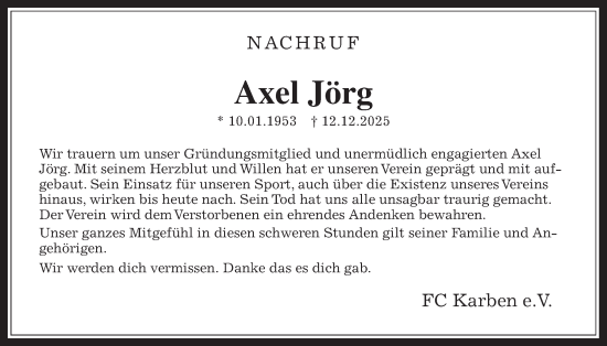 Traueranzeige von Axel Jörg von Wetterauer Zeitung, Bad Vilbel/Karben, Wetterauer Zeitung