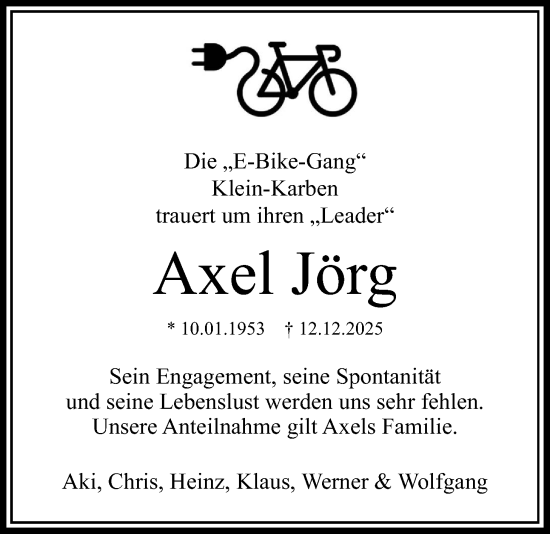 Traueranzeige von Axel Jörg von Wetterauer Zeitung, Wetterauer Zeitung