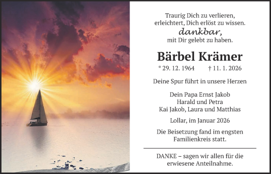 Traueranzeige von Bärbel Krämer von Giessener Anzeiger, Giessener Allgemeine, Alsfelder Allgemeine