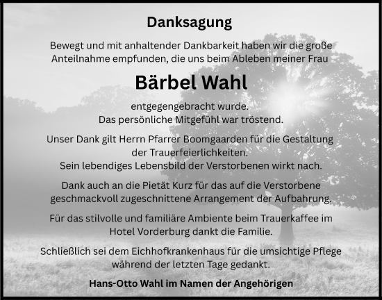 Traueranzeige von Bärbel Wahl von Lauterbacher Anzeiger