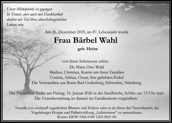 Traueranzeige von Bärbel Wahl von Lauterbacher Anzeiger