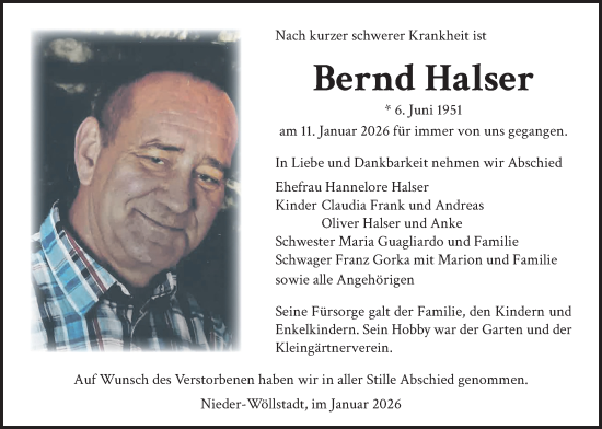 Traueranzeige von Bernd Halser von Wetterauer Zeitung