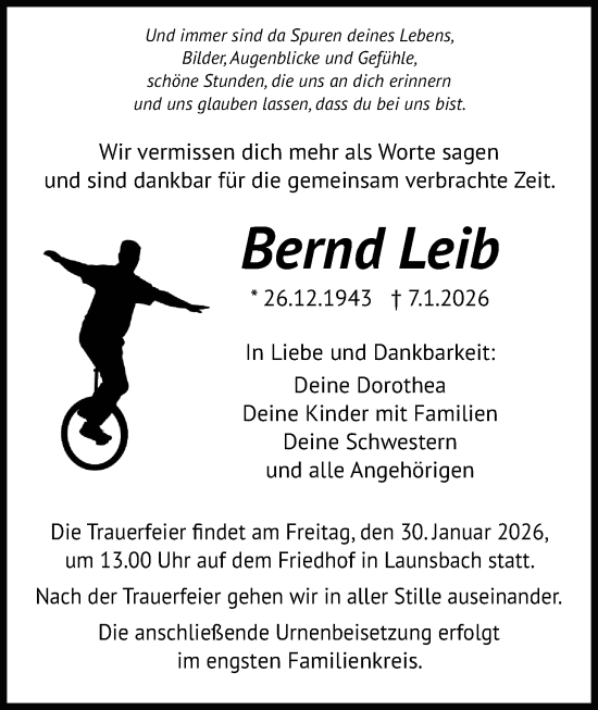 Traueranzeige von Bernd Leib von Giessener Anzeiger