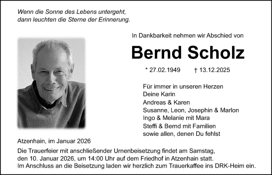 Traueranzeige von Bernd Scholz von Giessener Allgemeine, Alsfelder Allgemeine, Mücker Stimme