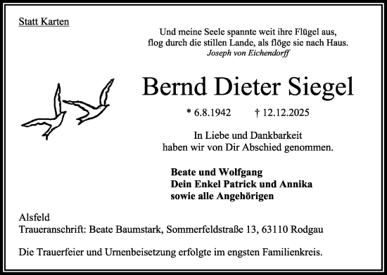 Traueranzeige von Bernd Dieter Siegel von Oberhessische Zeitung