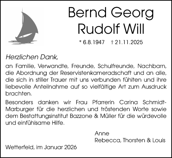Traueranzeige von Bernd Georg Rudolf Will von Giessener Allgemeine, Alsfelder Allgemeine, Laubacher Anzeiger