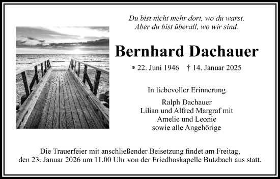 Traueranzeige von Bernhard Dachauer von Wetterauer Zeitung, Butzbacher Zeitung