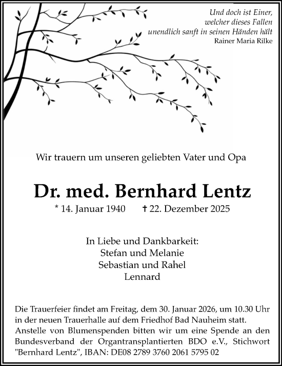 Traueranzeige von Bernhard Lentz von Wetterauer Zeitung