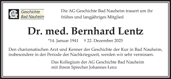 Traueranzeige von Bernhard Lentz von Wetterauer Zeitung
