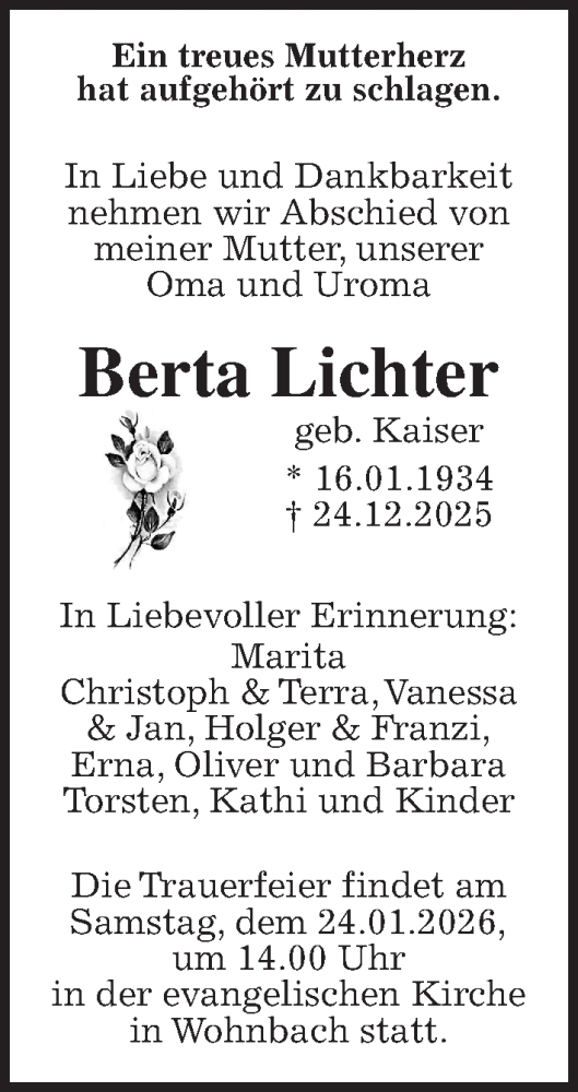 Traueranzeige von Berta Lichter von Wetterauer Zeitung