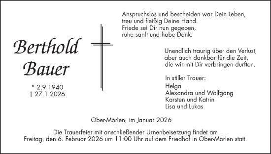 Traueranzeige von Berthold Bauer von Wetterauer Zeitung