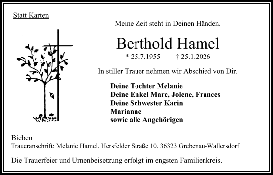 Traueranzeige von Berthold Hamel von Oberhessische Zeitung