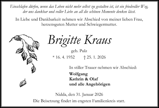 Traueranzeige von Brigitte Kraus von Kreis-Anzeiger