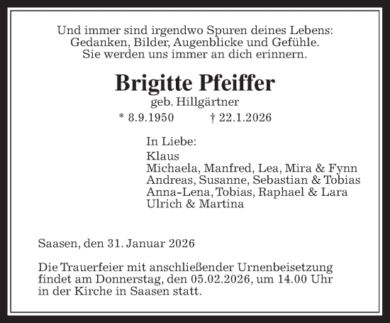 Traueranzeige von Brigitte Pfeiffer von Giessener Allgemeine, Alsfelder Allgemeine, Giessener Anzeiger