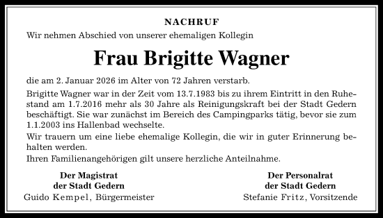 Traueranzeige von Brigitte Wagner von Kreis-Anzeiger