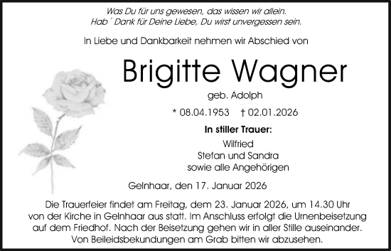 Traueranzeige von Brigitte Wagner von Kreis-Anzeiger