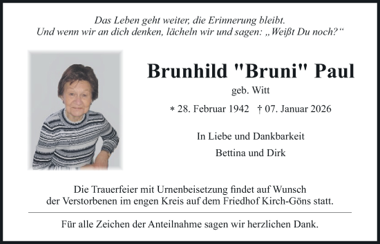 Traueranzeige von Brunhild Paul von Butzbacher Zeitung