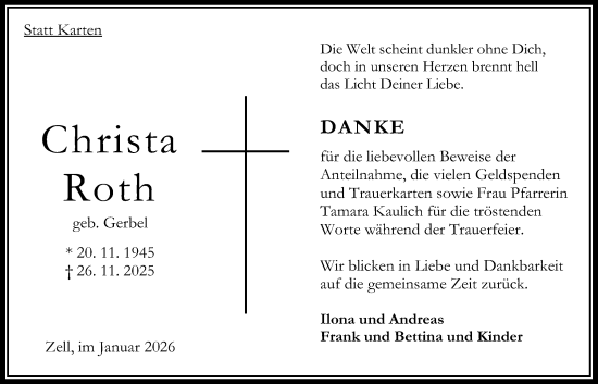 Traueranzeige von Christa Roth von Oberhessische Zeitung