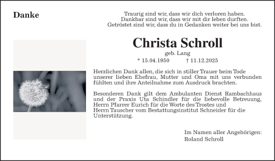 Traueranzeige von Christa Schroll von Oberhessische Zeitung