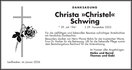 Traueranzeige von Christa Schwing von Kreis-Anzeiger, Wetterauer Zeitung