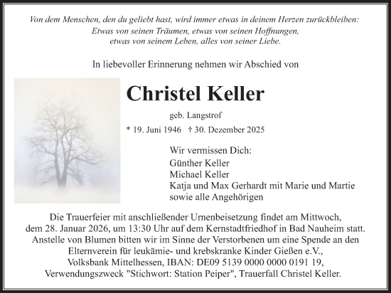 Traueranzeige von Christel Keller von Wetterauer Zeitung