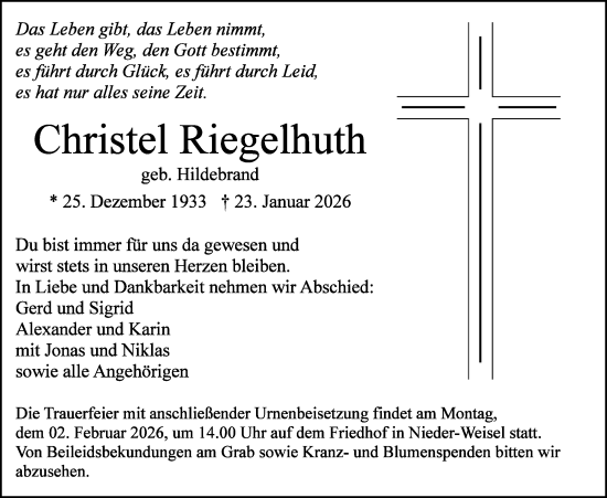 Traueranzeige von Christel Riegelhuth von Butzbacher Zeitung