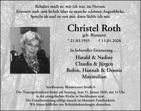 Traueranzeige von Christel Roth von Lauterbacher Anzeiger