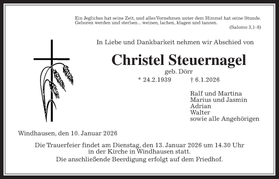 Traueranzeige von Christel Steuernagel von Oberhessische Zeitung