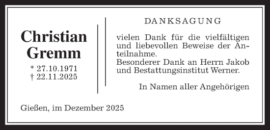 Traueranzeige von Christian Gremm von Giessener Allgemeine, Alsfelder Allgemeine, Giessener Anzeiger, Giessener Allgemeine, Alsfelder Allgemeine, Giessener Anzeiger
