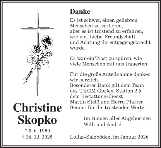 Traueranzeige von Christine Skopko von Giessener Allgemeine, Alsfelder Allgemeine