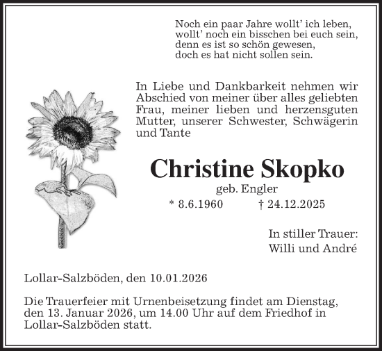 Traueranzeige von Christine Skopko von Giessener Allgemeine, Alsfelder Allgemeine