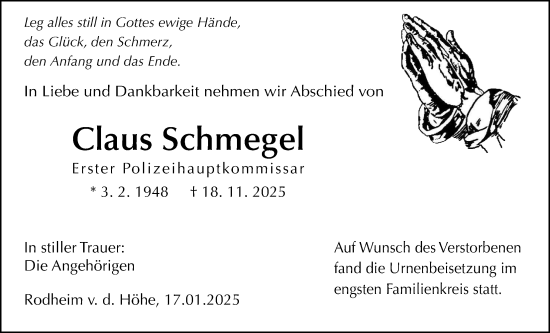Traueranzeige von Claus Schmegel von Wetterauer Zeitung