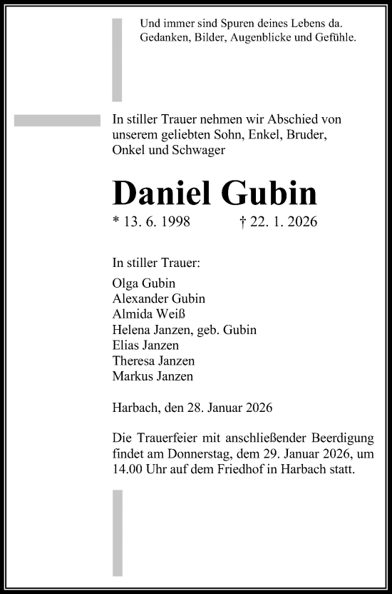 Traueranzeige von Daniel Gubin von Giessener Allgemeine, Alsfelder Allgemeine