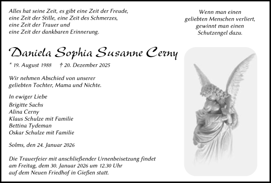 Traueranzeige von Daniela Sophia Susanne Cerny von Giessener Allgemeine, Alsfelder Allgemeine