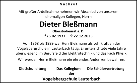 Traueranzeige von Dieter Bleßmann von Lauterbacher Anzeiger