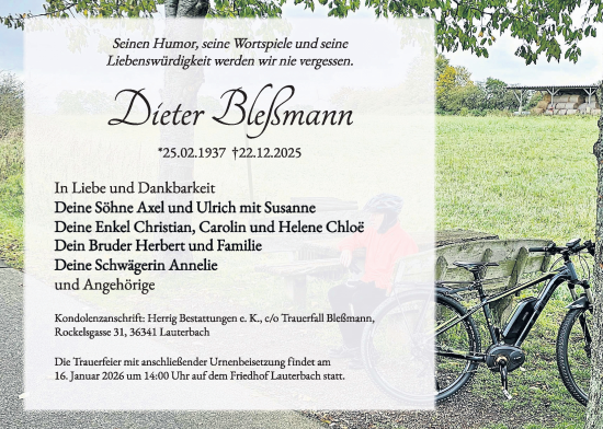 Traueranzeige von Dieter Bleßmann von Lauterbacher Anzeiger