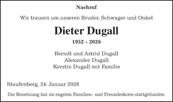 Traueranzeige von Dieter Dugall von Giessener Anzeiger, Giessener Allgemeine, Alsfelder Allgemeine