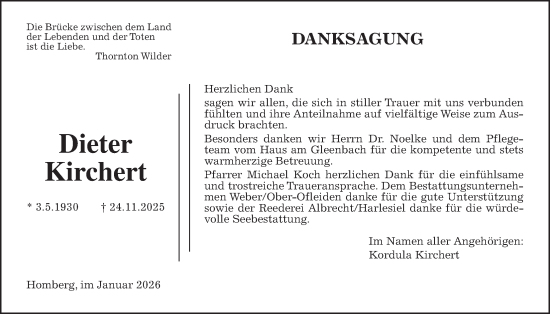 Traueranzeige von Dieter Kirchert von Oberhessische Zeitung, Alsfelder Allgemeine