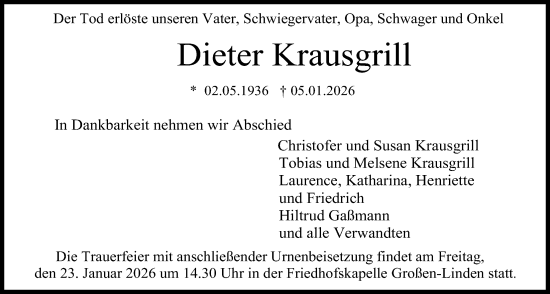 Traueranzeige von Dieter Krausgrill von Giessener Anzeiger, Giessener Allgemeine, Alsfelder Allgemeine