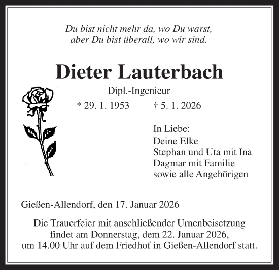 Traueranzeige von Dieter Lauterbach von Giessener Anzeiger