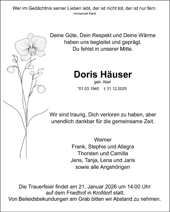 Traueranzeige von Doris Häuser von Giessener Anzeiger, Giessener Allgemeine, Alsfelder Allgemeine